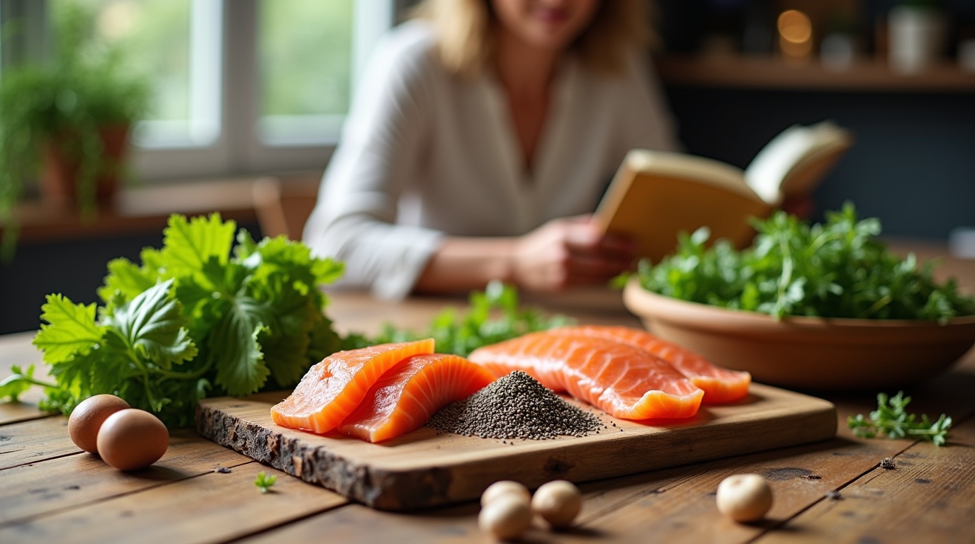Femme heureuse avec des aliments oméga-3 sur une table en bois, illustrant l'équilibre hormonal.