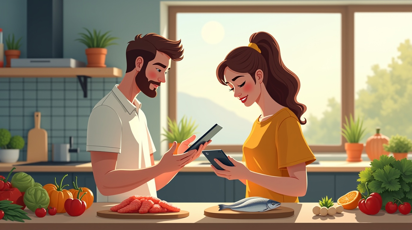 Aliments riches en iode avec hommes et femmes dans cuisine moderne