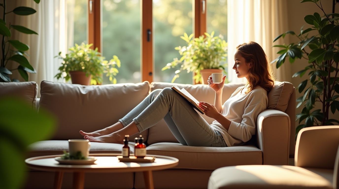 Personne relaxée avec ashwagandha dans un salon lumineux pour lutter contre l'anxiété.