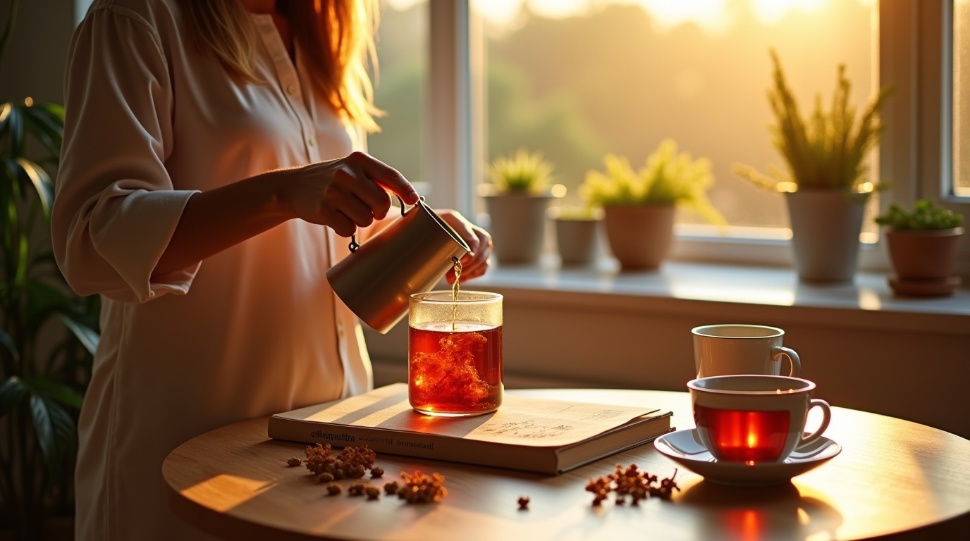 Infusion d'ashwagandha pour l'énergie hormonale dans une cuisine ensoleillée