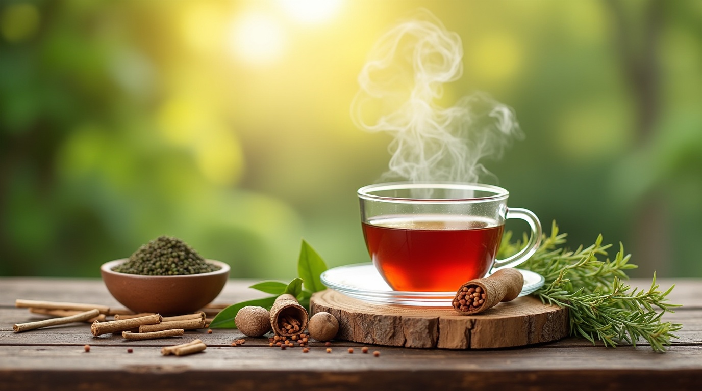 Scène d'ashwagandha symbolisant l'équilibre hormonal avec du thé et des racines dans un jardin.