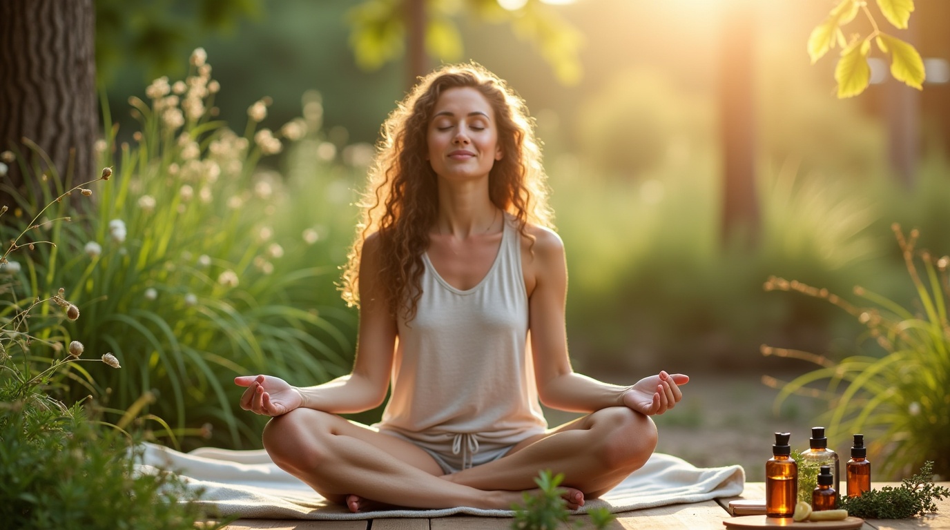 Personne méditant entourée de plantes dashwagandha un environnement apaisant indiquant l'équilibre hormonal
