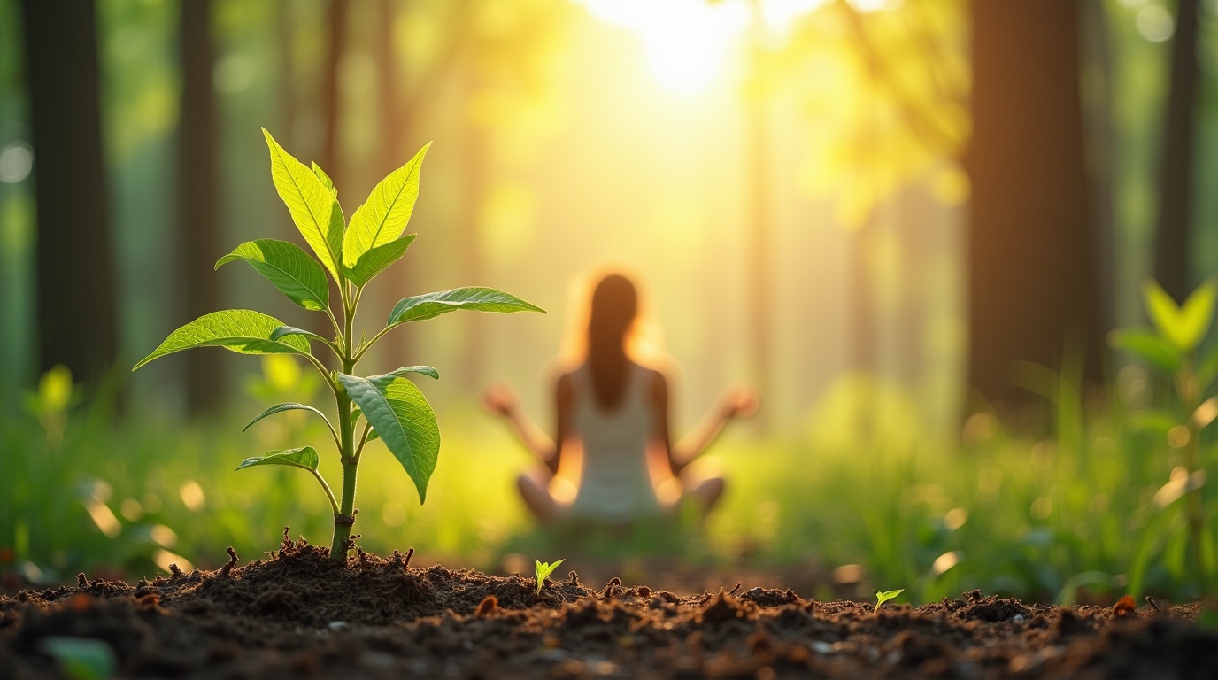 Plante d'ashwagandha avec une personne méditant en pleine nature pour illustrer la lutte contre la fatigue hormonale.