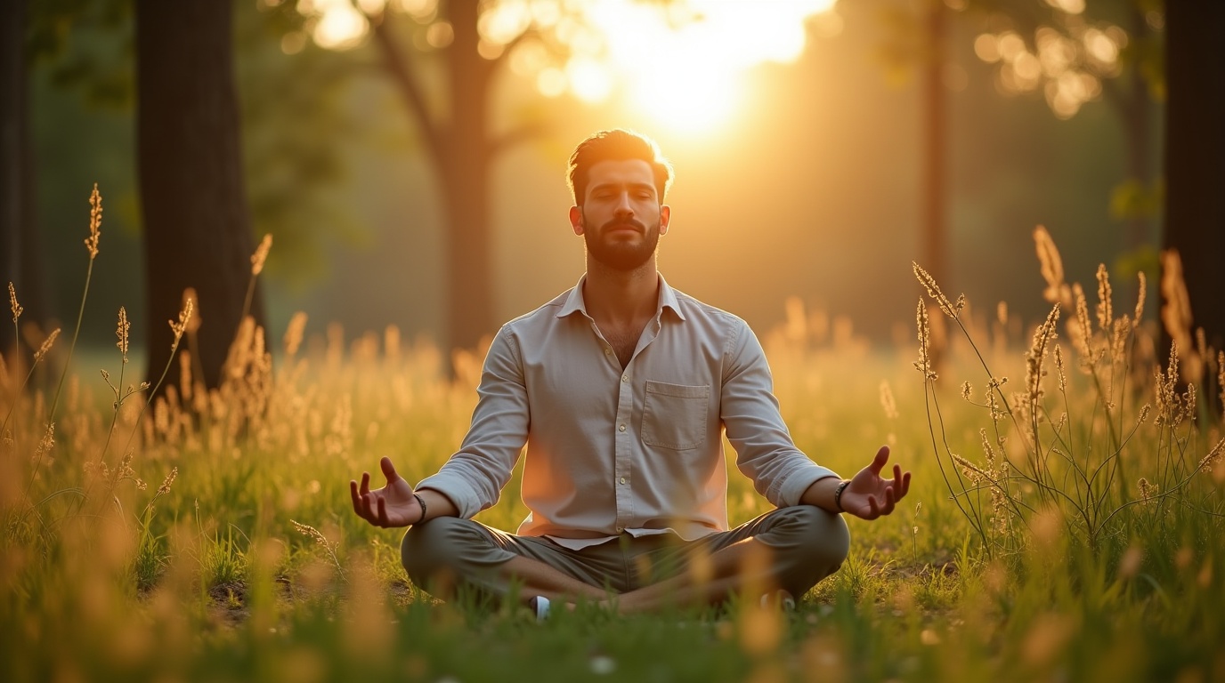 Homme méditant dans la nature entouré de plantes d'ashwagandha symbolisant la fertilité masculine.