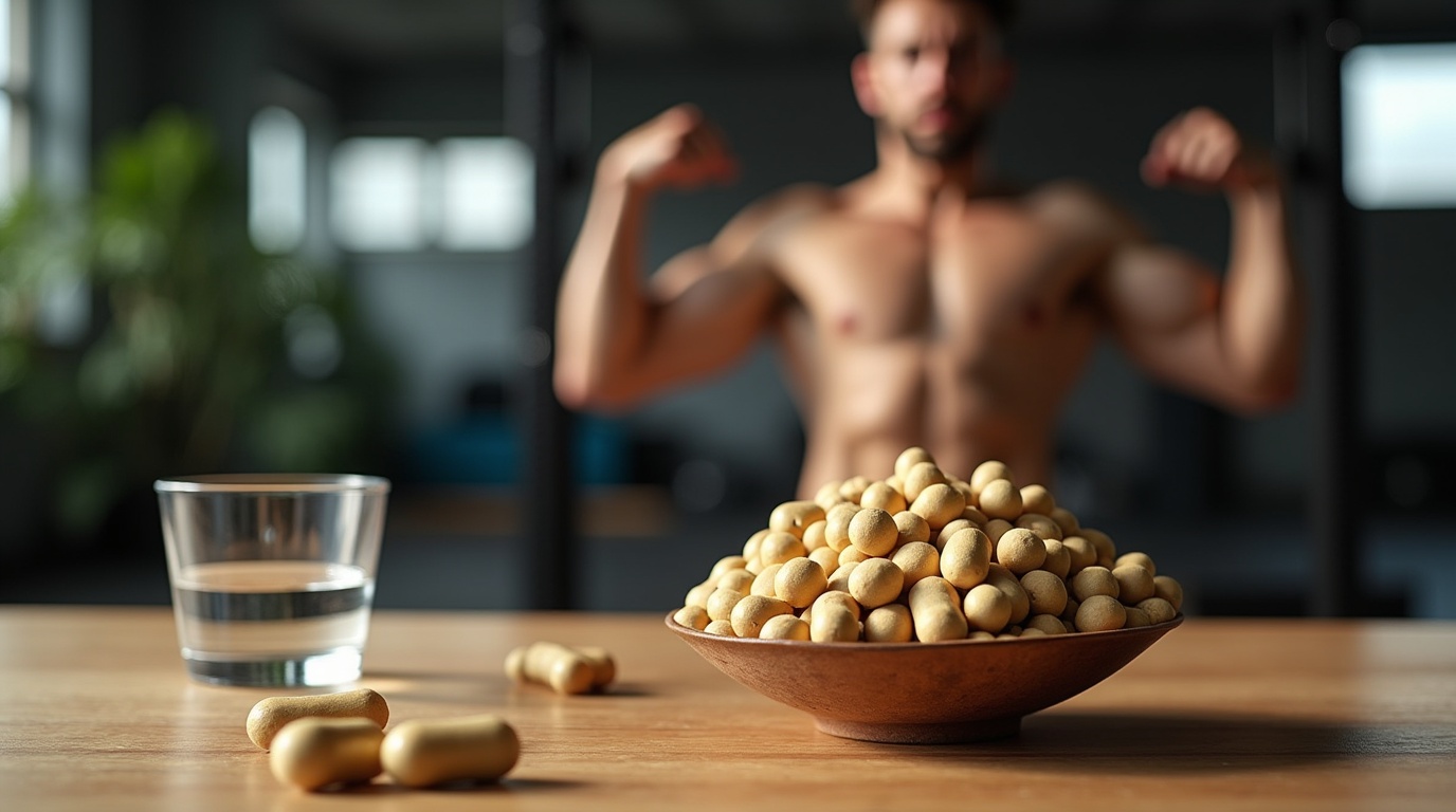 Racine d'ashwagandha avec un homme s'entraînant, illustrant l'effet sur la testostérone.