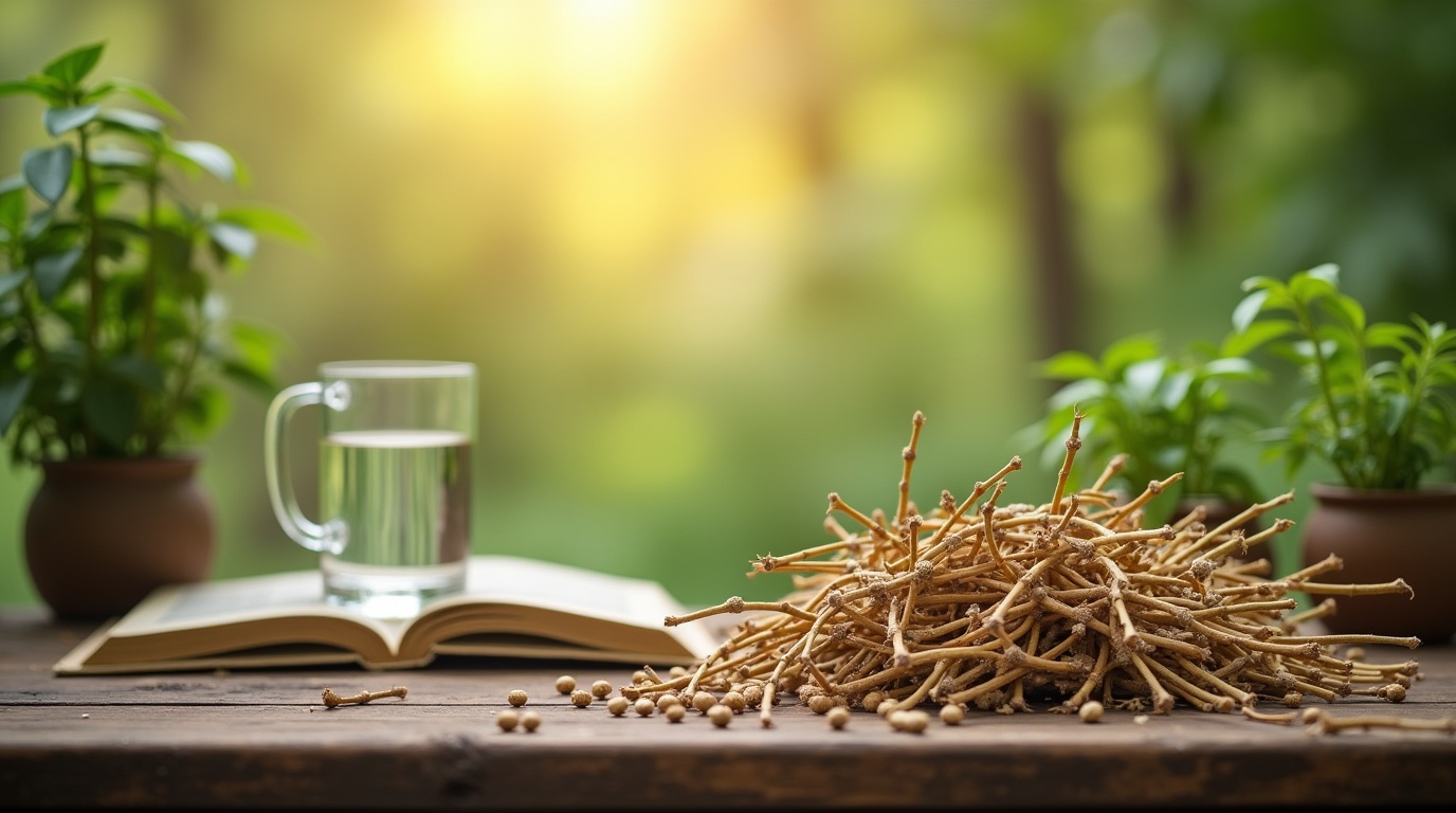Racines d'ashwagandha sur un bureau avec des éléments de bien-être et de sérénité