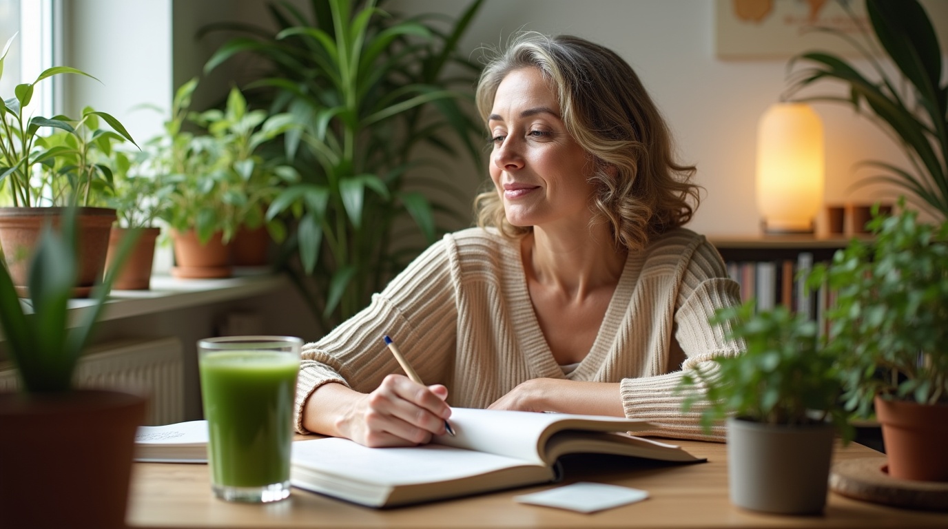 Femme relaxant avec un carnet sur les bienfaits de l'inositol pour l'équilibre hormonal.