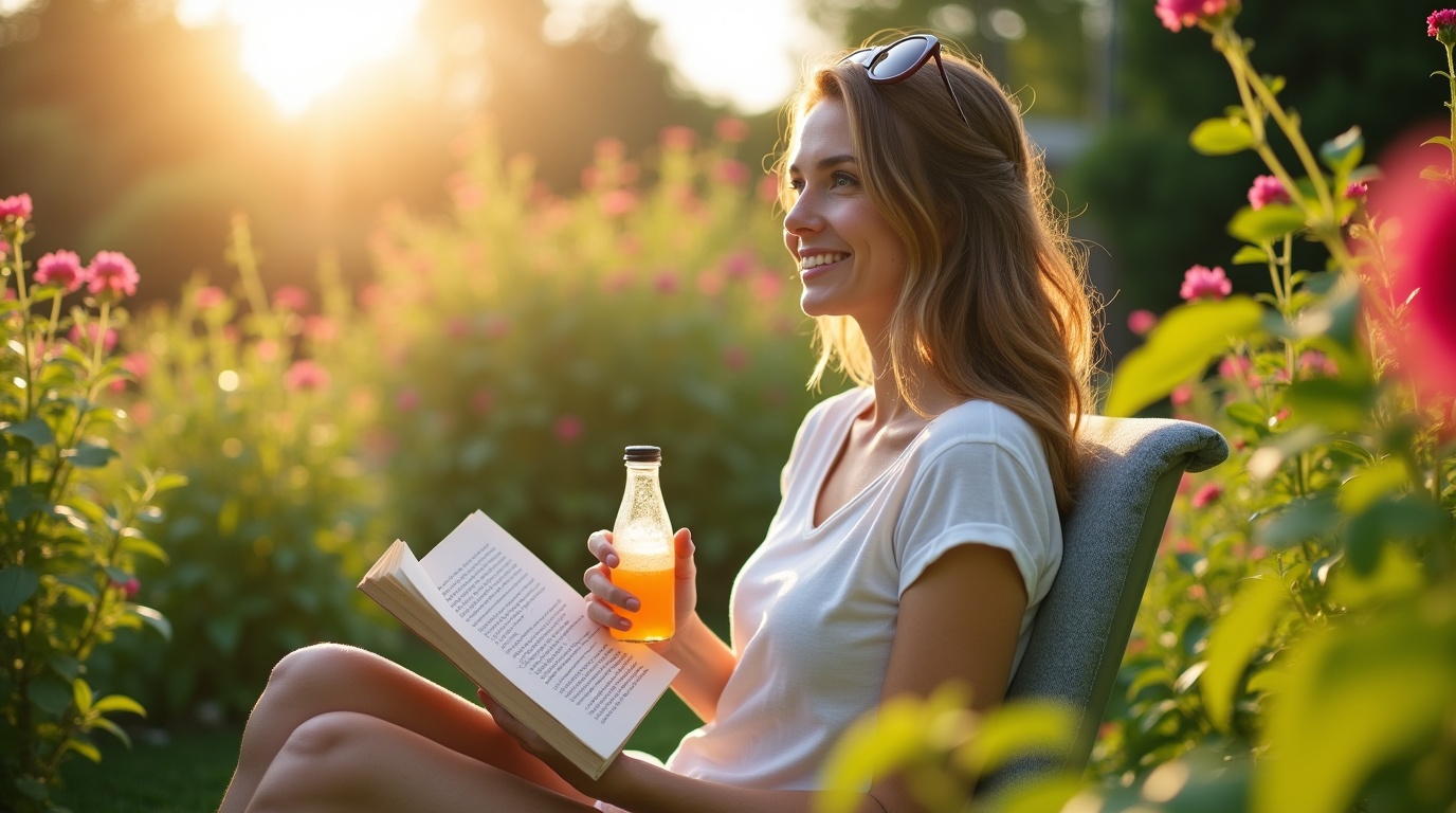 Femme dans un jardin avec vitamine D et livre sur équilibre hormonal féminin