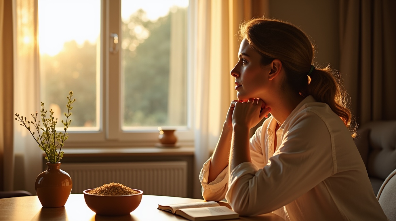 Femme réfléchissant dans un salon avec des oméga-3 sur la table