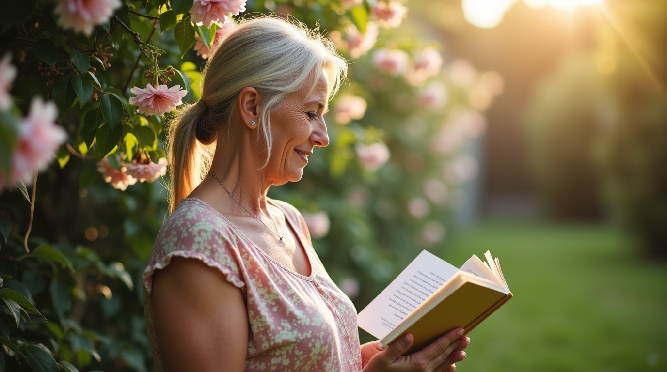 Femme dans un jardin de gattilier lisant sur la santé ovarienne