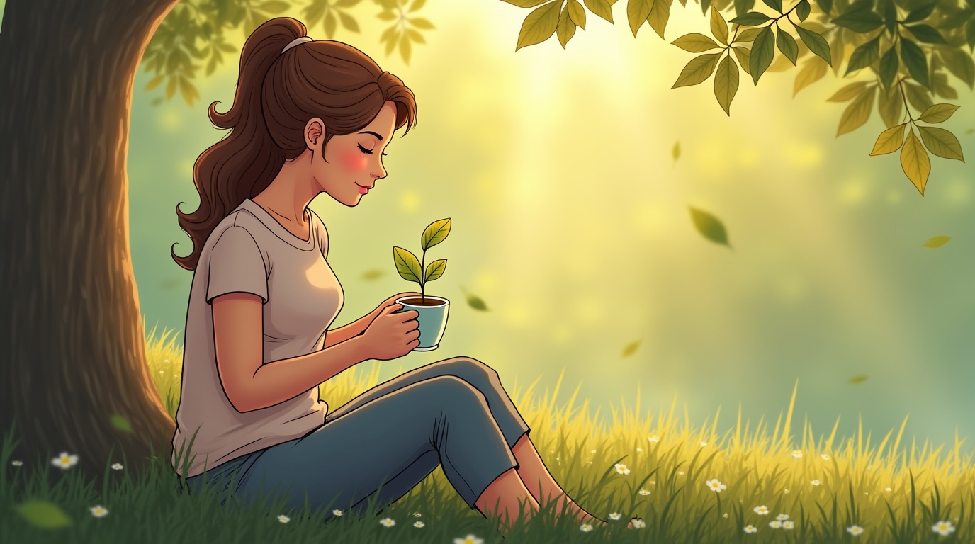 Femme avec tasse de tisane de gattilier dans la nature représentant les cycles menstruels