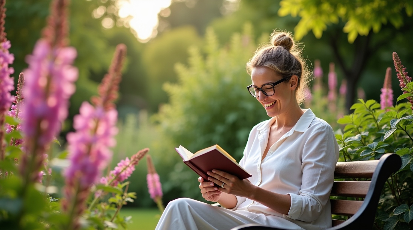 Gattilier en fleur dans un jardin avec une femme lisant sur les déséquilibres hormonaux