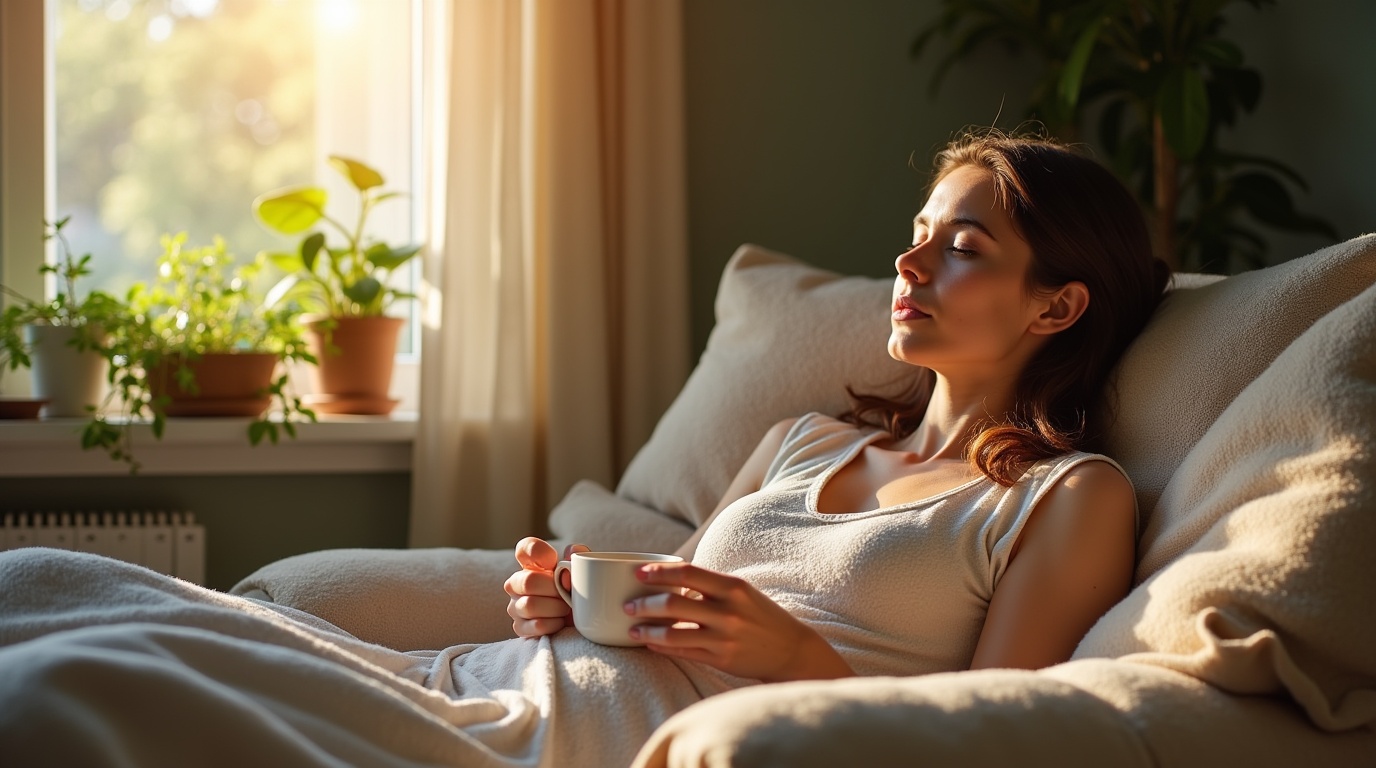 Femme apaisée avec gattilier et tisane soulageant les symptômes prémenstruels