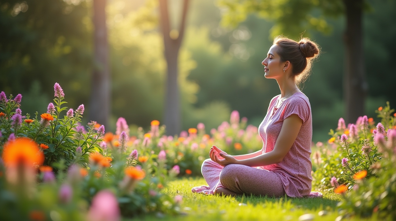Image d'un gattilier avec une femme en méditation dans un jardin
