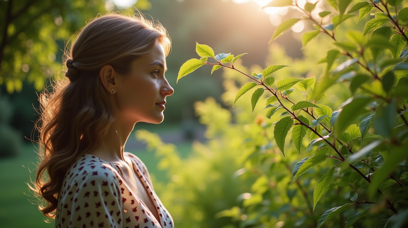 Femme contemplant des feuilles de gattilier dans un jardin, symbole de bien-être hormonal