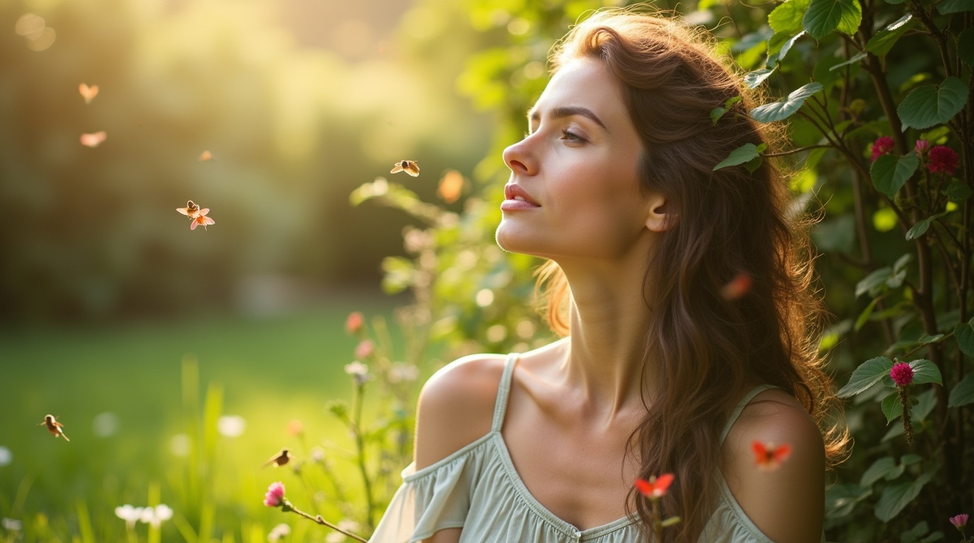 Femme détendue dans un jardin de gattilier illustrant l'équilibre hormonal féminin