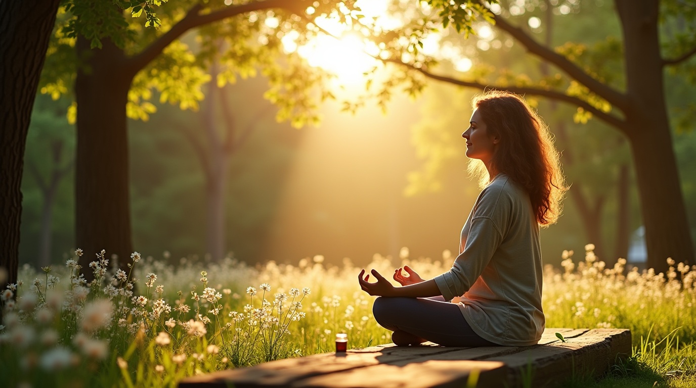Personne méditant avec un supplément de magnésium dans un environnement naturel