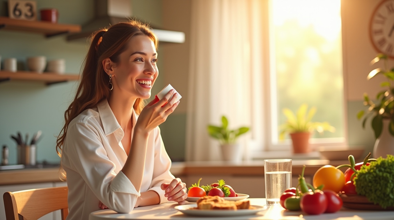 Femme prenant un complément d'inositol pour favoriser l'ovulation dans une cuisine chaleureuse.