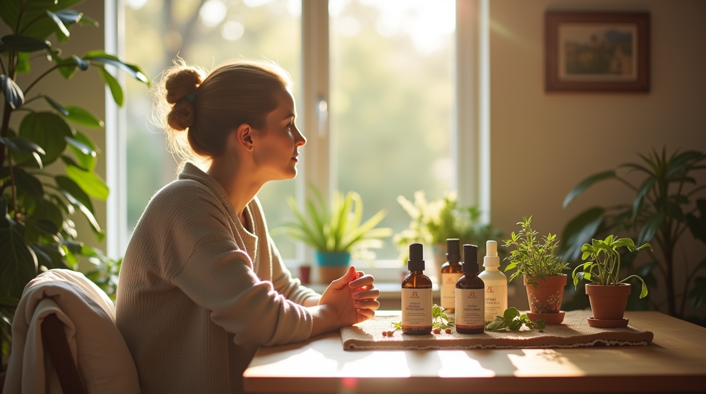 Femme méditant sur la fertilité avec des compléments d'inositol et des plantes