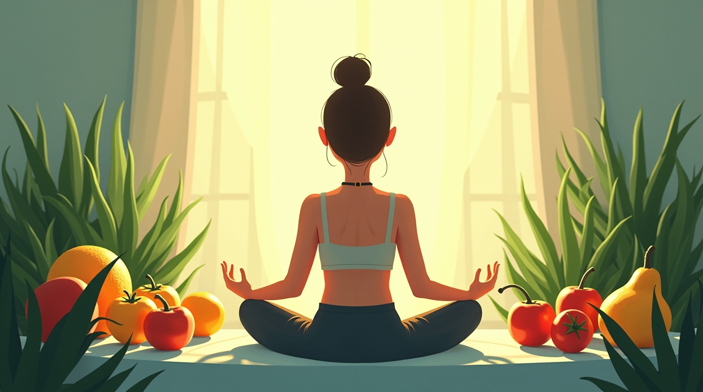 Femme méditant avec flacons d'inositol et aliments sains pour le syndrome des ovaires polykystiques