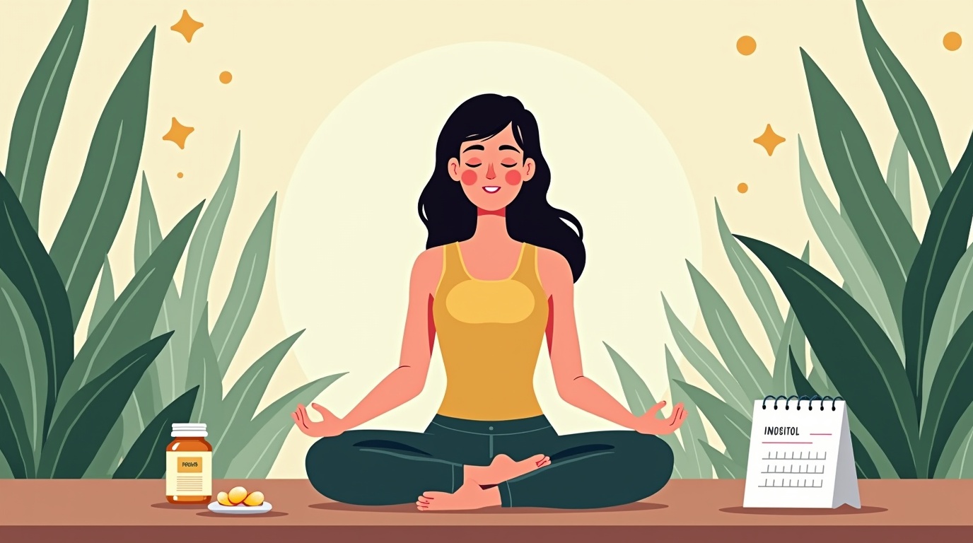 Femme méditant entourée de plantes avec des gélules d'inositol représentant les cycles menstruels.