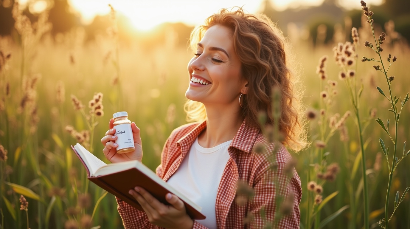 Femme avec inositol et plantes médicinales représentant la santé hormonale féminine.