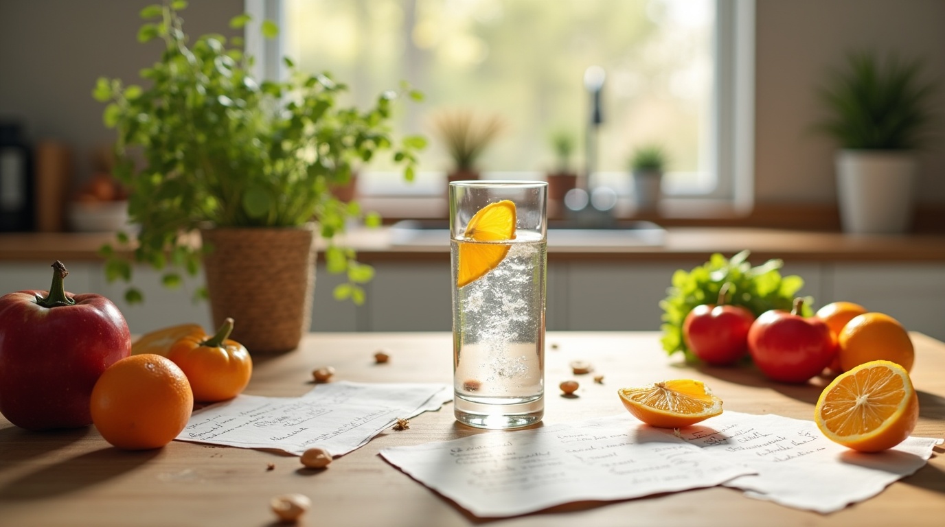 Verre d'inositol sur une table de cuisine avec des aliments sains, illustrant l'équilibre endocrinien.
