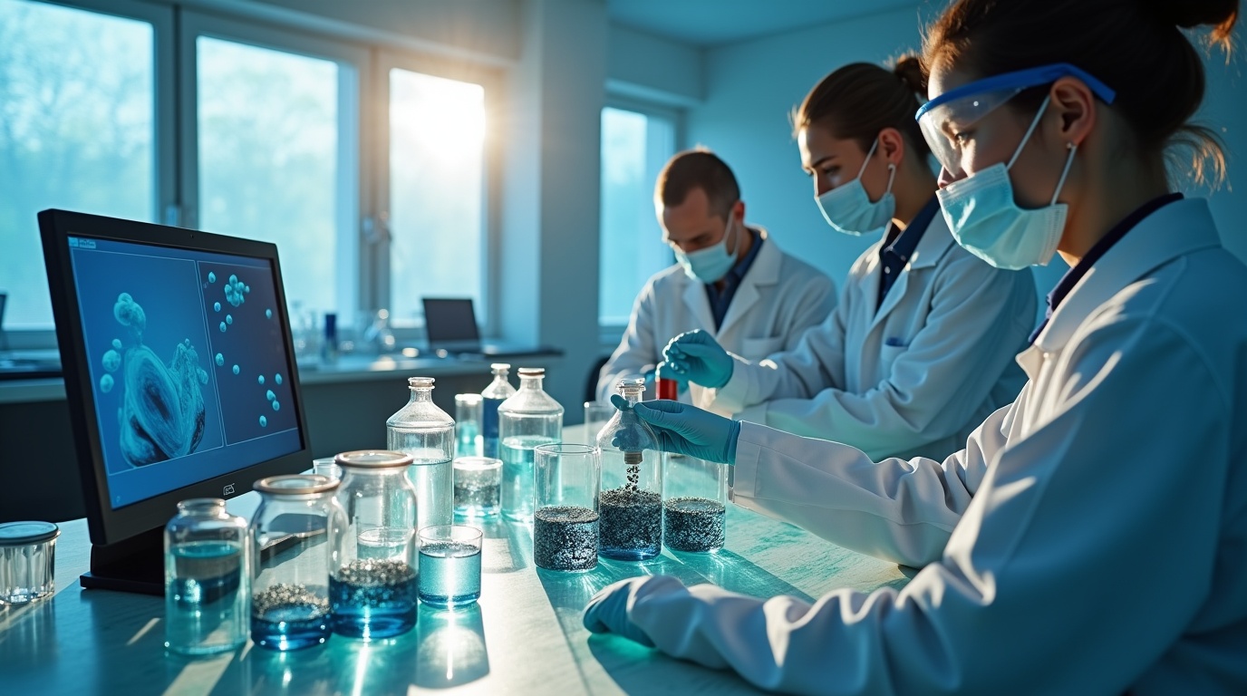 Scène de laboratoire sur iode et production hormonale avec chercheurs et échantillons marins.