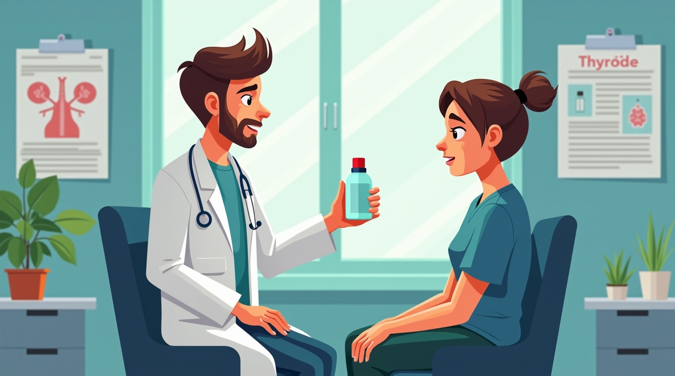 Médecin avec flacon d'iode examinant un patient pour la thyroïde