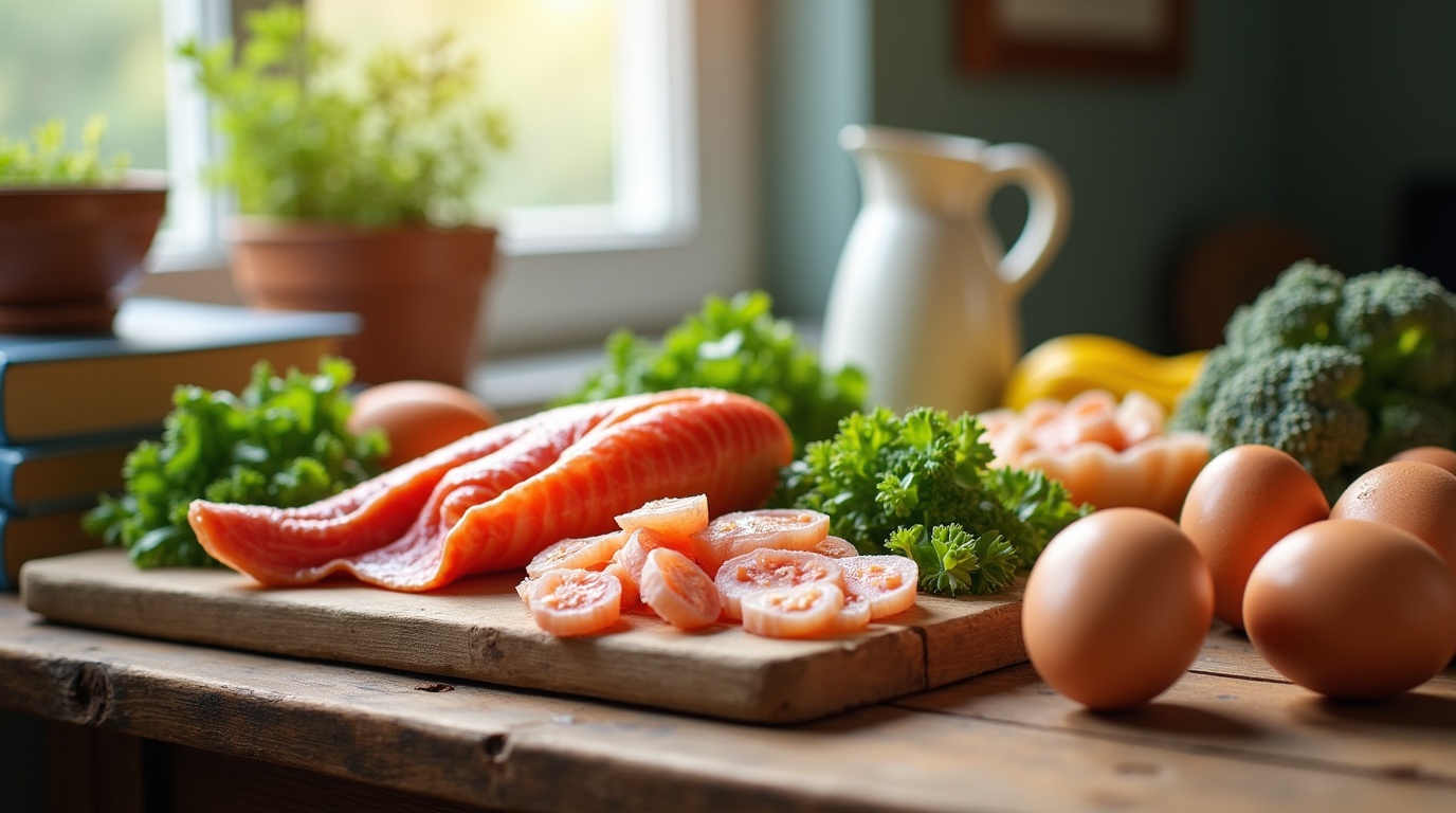 Aliments riches en iode et livres sur les hormones thyroïdiennes sur une table de cuisine.