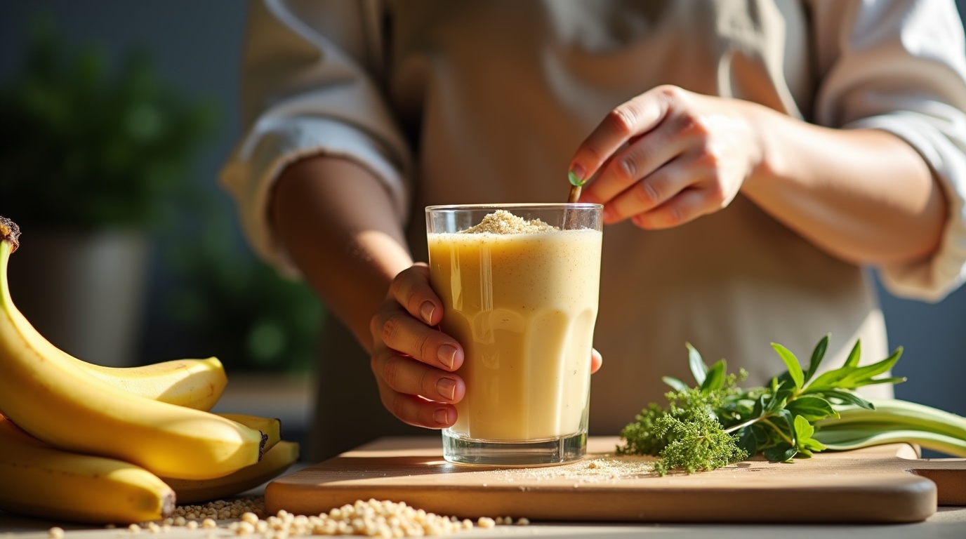 Smoothie au maca et ingrédients frais pour l'énergie hormonale.