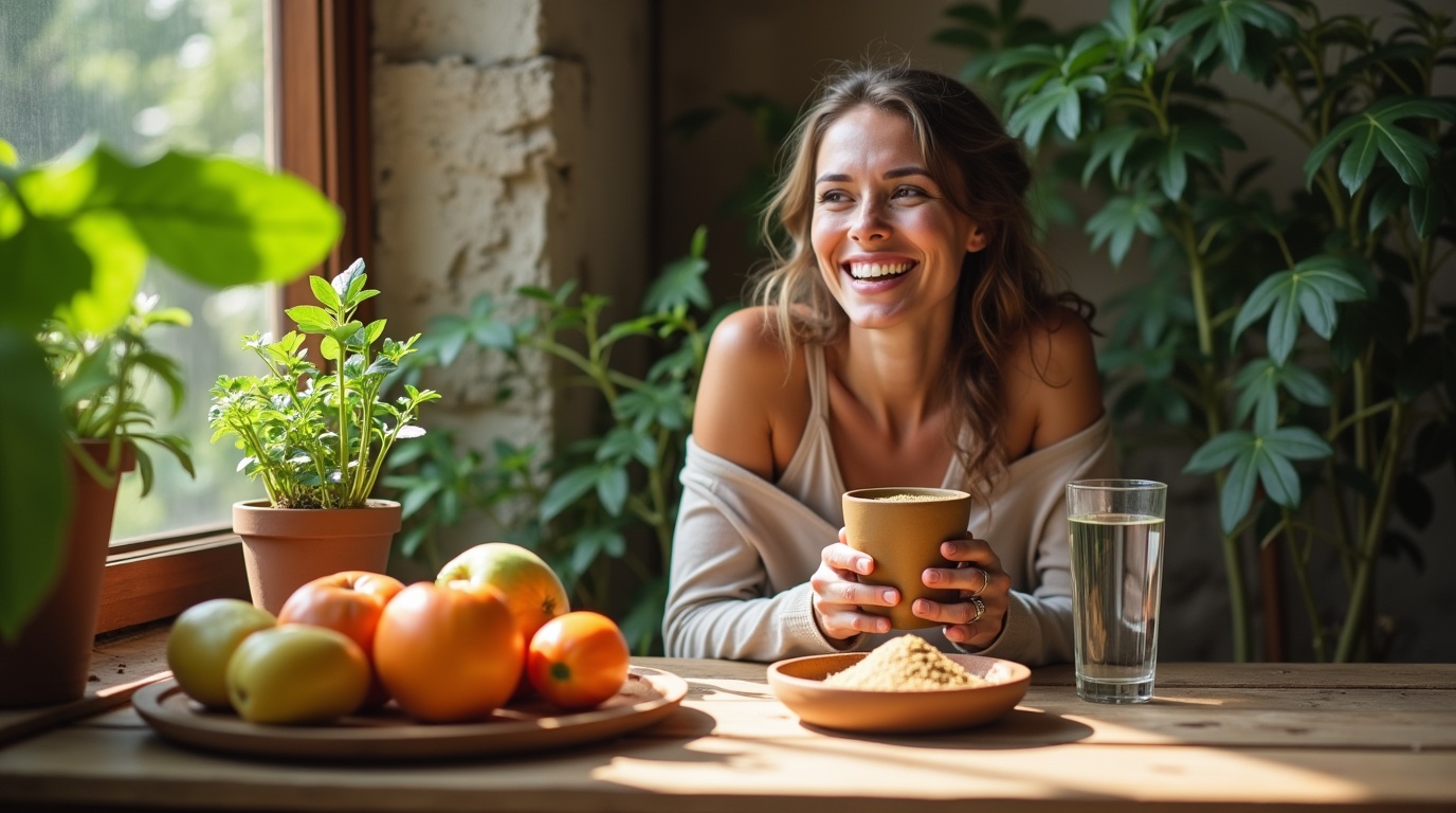 Femme consommant du maca dans un environnement naturel pour favoriser l'équilibre hormonal.