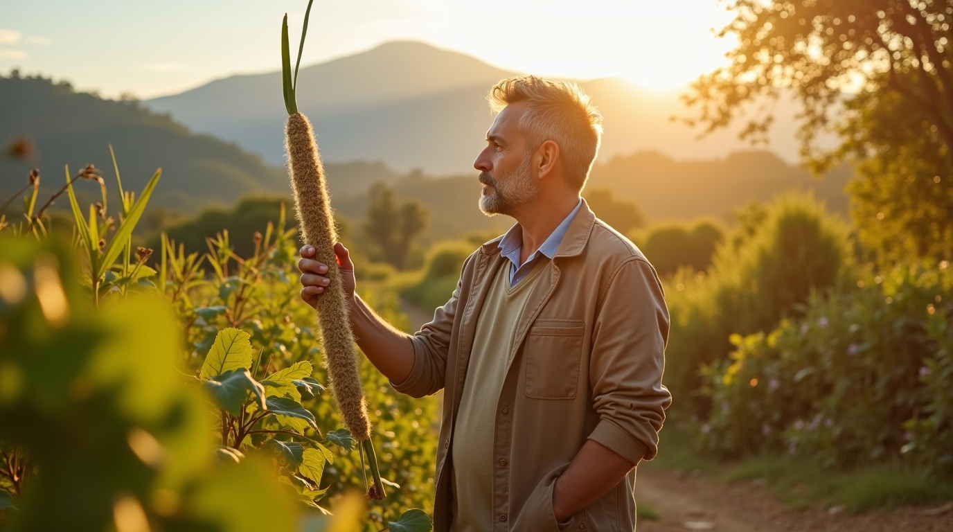 Un homme examine de la maca dans un jardin, symbole de fertilité masculine.