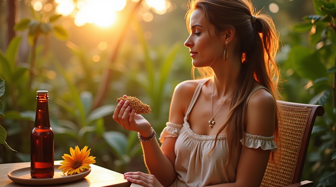 Femme dans un jardin avec plants de maca illustrant l'importance du maca pour la fertilité.