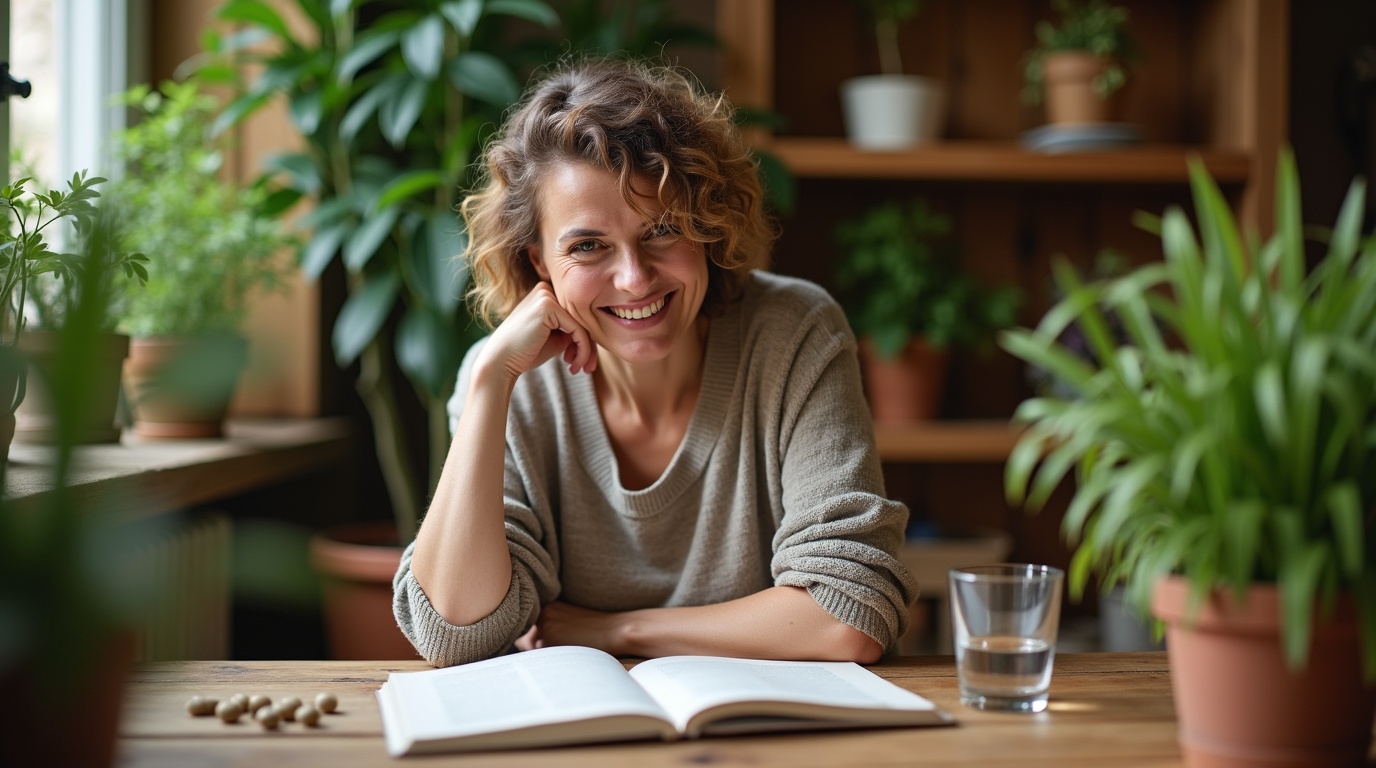 Femme lisant sur la ménopause avec du maca et des plantes, scène sereine