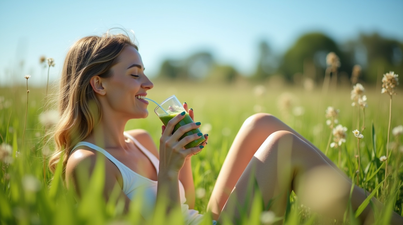 Femme dégustant un smoothie au maca dans un cadre naturel représentant la santé hormonale féminine.