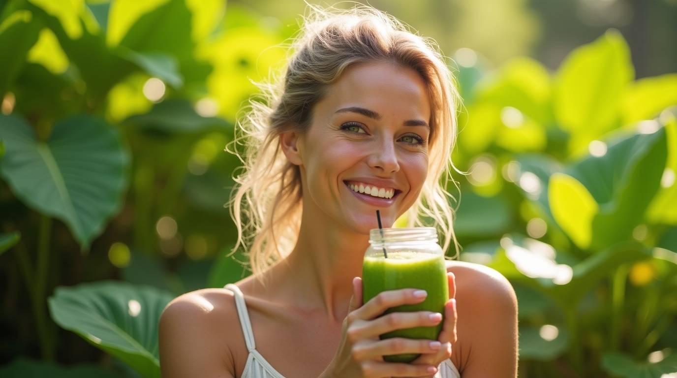 Femme avec un smoothie au maca dans un parc, illustrant la vitalité hormonale