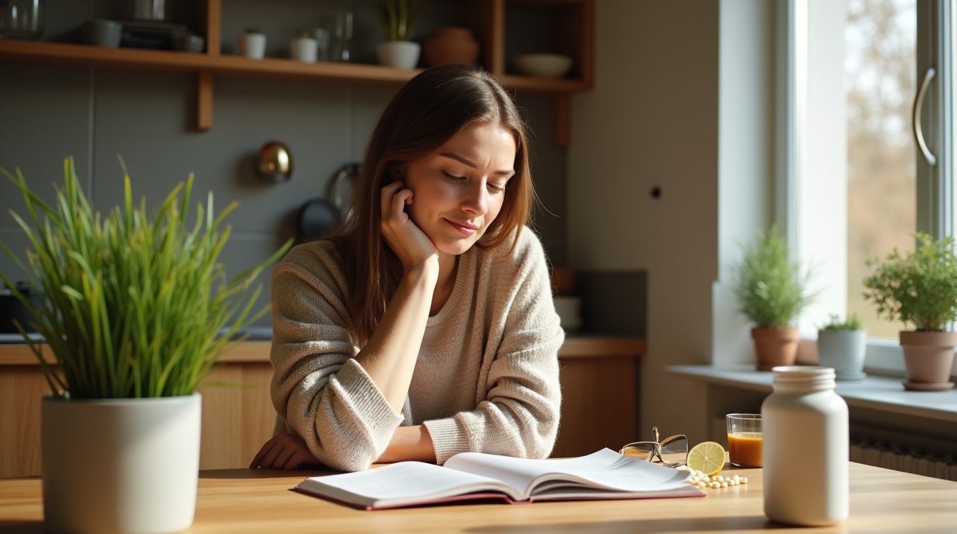 Femme examinant des livres sur le magnésium et la fatigue hormonale dans une cuisine lumineuse.