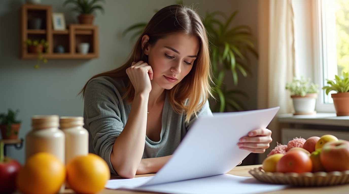 Femme pensant aux effets du magnésium sur les troubles hormonaux avec compléments et fruits.