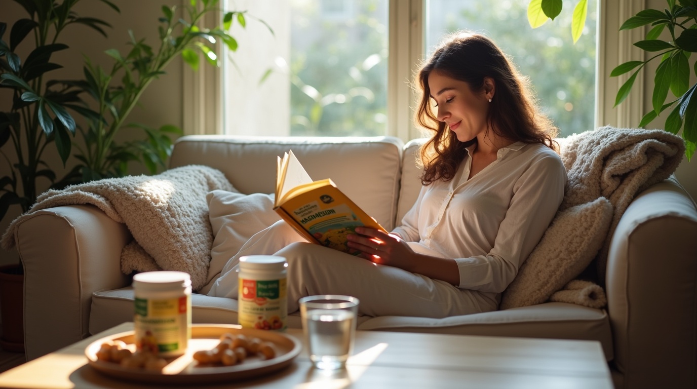 Femme lisant sur le magnésium et cycles menstruels avec des compléments alimentaires