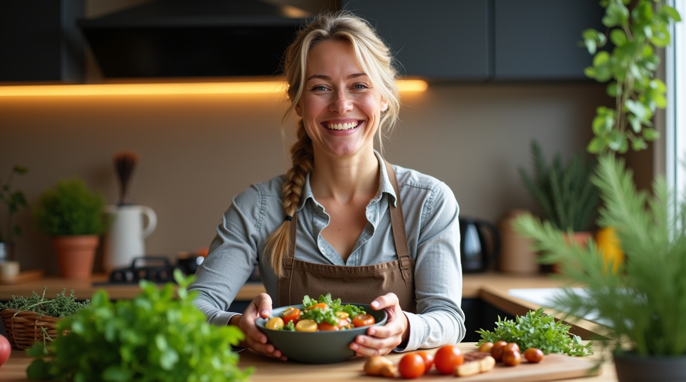 Femme préparant une salade avec des aliments riches en magnésium pour la santé hormonale
