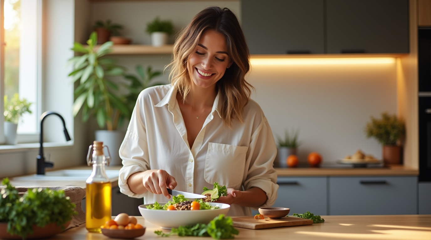 Femme préparant une salade avec des oméga-3 pour l'équilibre hormonal féminin dans une cuisine moderne.