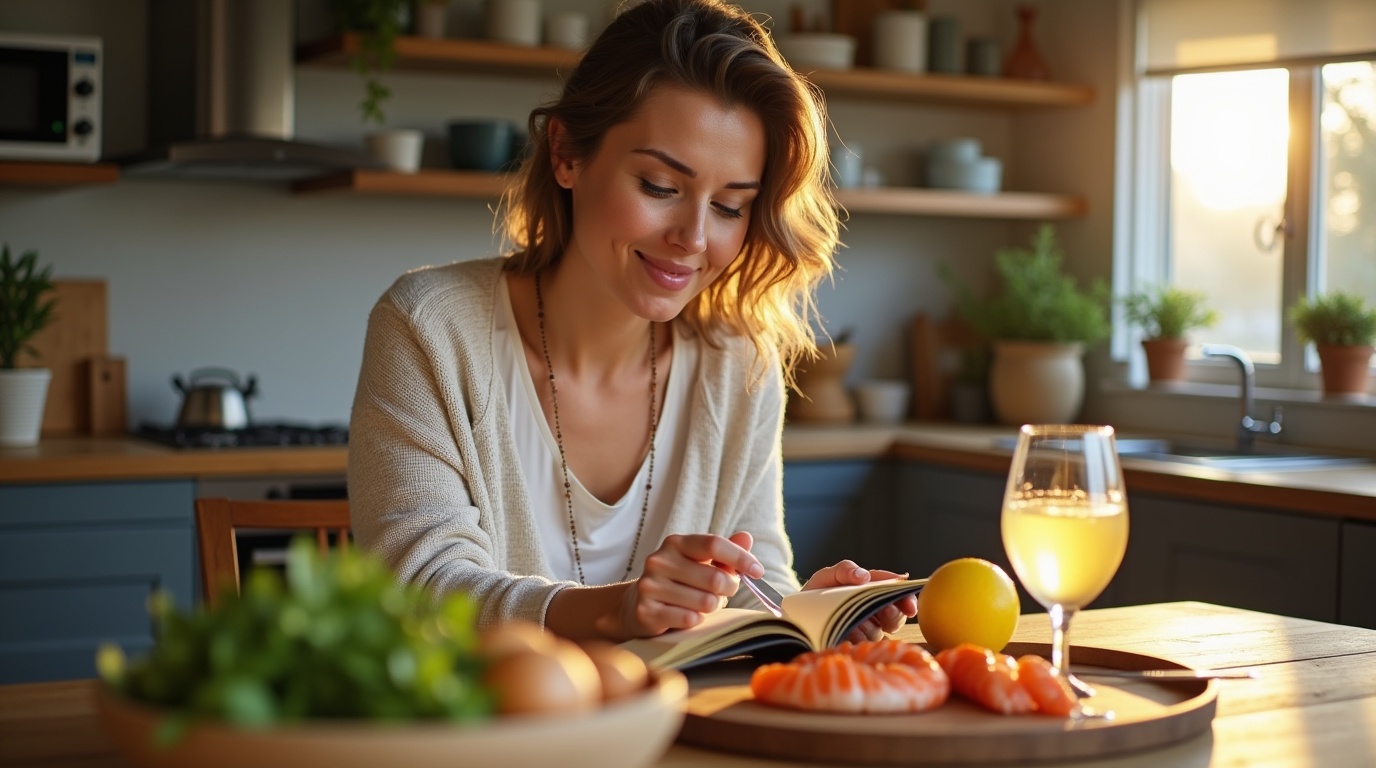 Femme consultant des aliments oméga-3 pour la fertilité dans une cuisine moderne.
