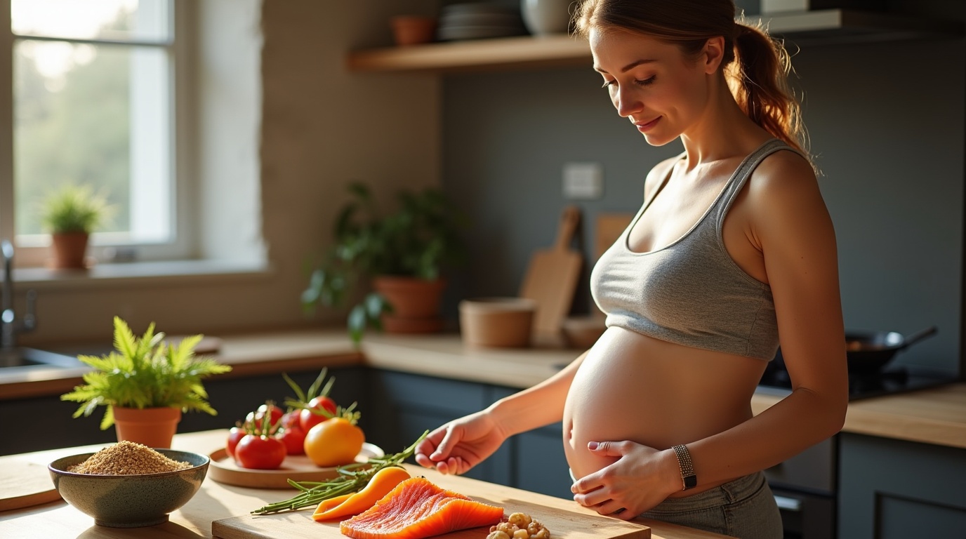 Femme enceinte préparant un repas riche en oméga-3 pour la santé reproductive