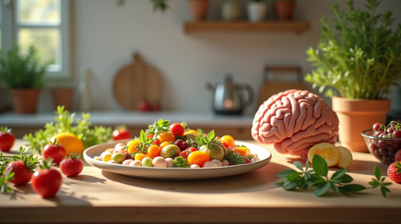 Scène représentant le lien entre probiotiques et la santé intestin cerveau avec des aliments fermentés et un cerveau modelé.