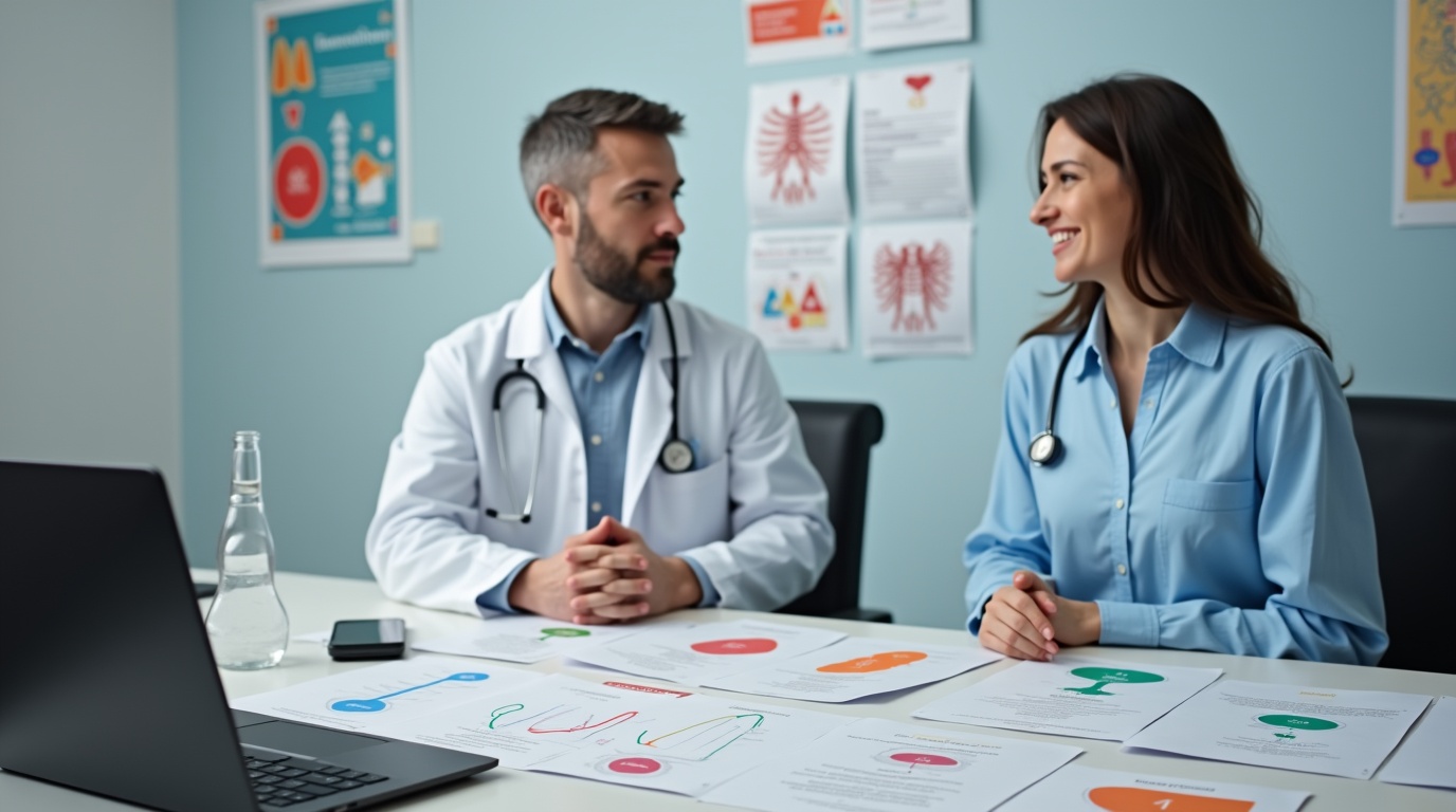 Consultation médicale sur le sélénium et l'équilibre thyroïdien avec documents et flacon