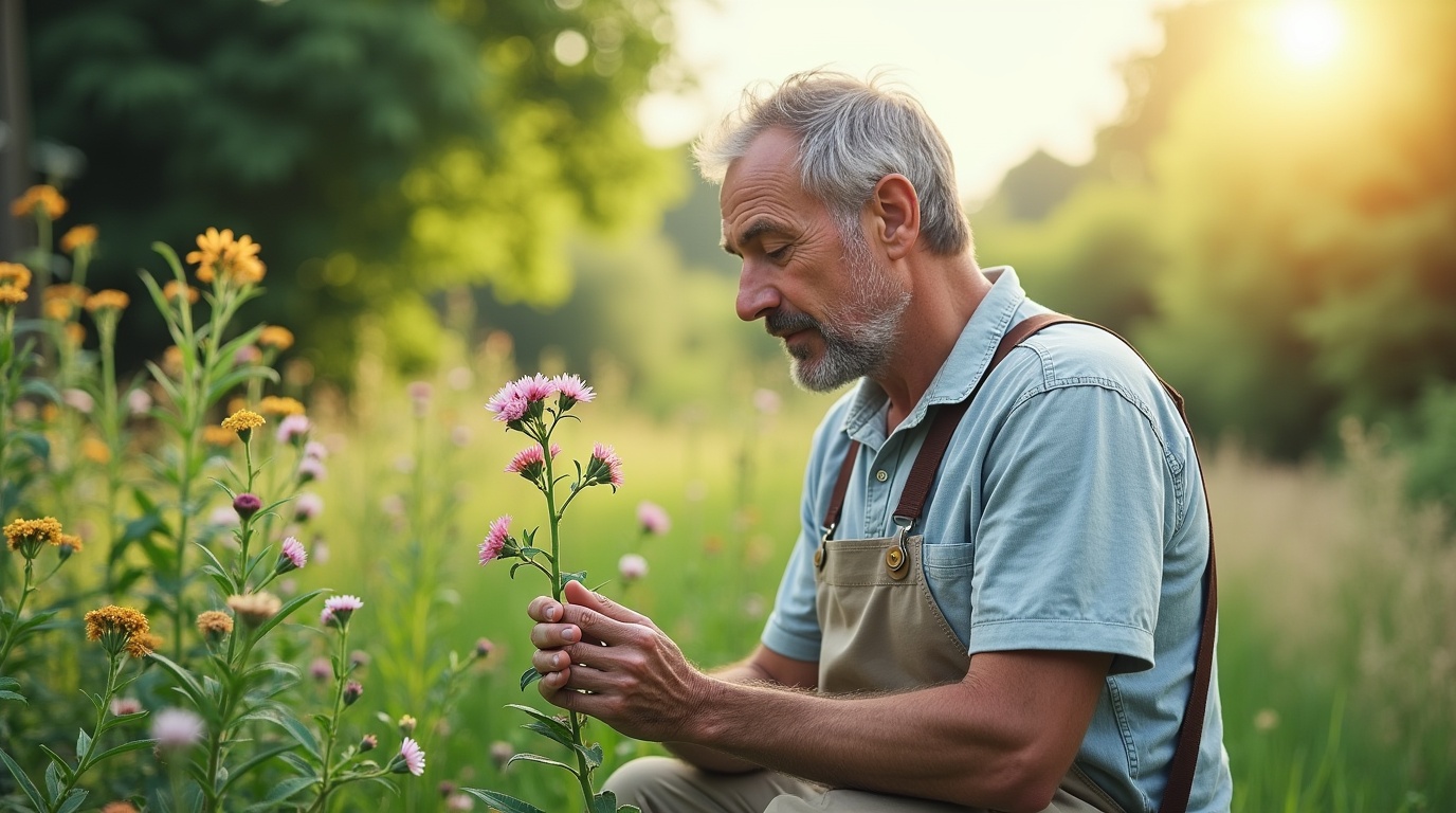 Homme examinant une plante de tribulus dans un jardin, symbolisant la fertilité masculine.