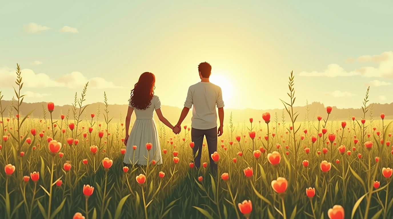 Homme et femme dans un champ de tribulus symbolisant la fonction reproductive