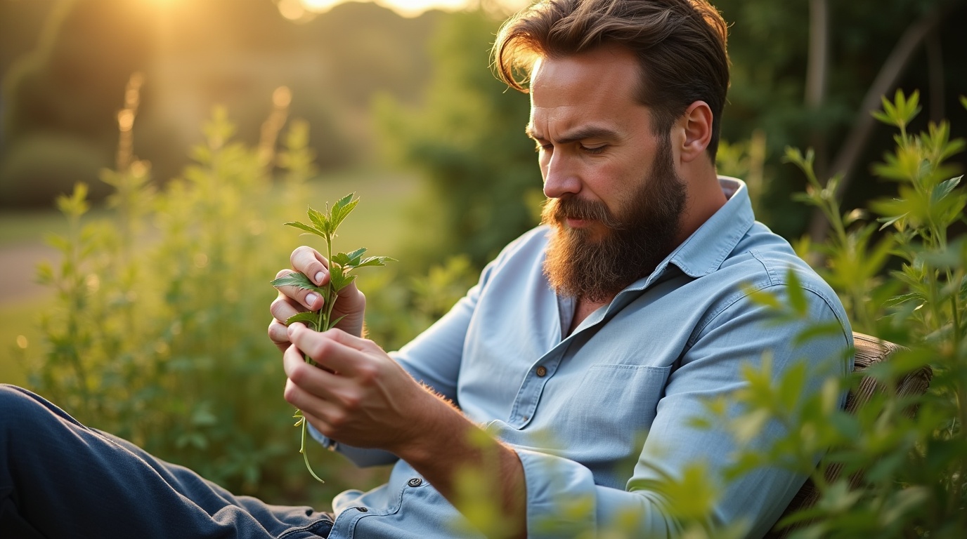 Homme étudiant les plantes de tribulus dans un jardin, symbolisant l'impact sur la libido masculine