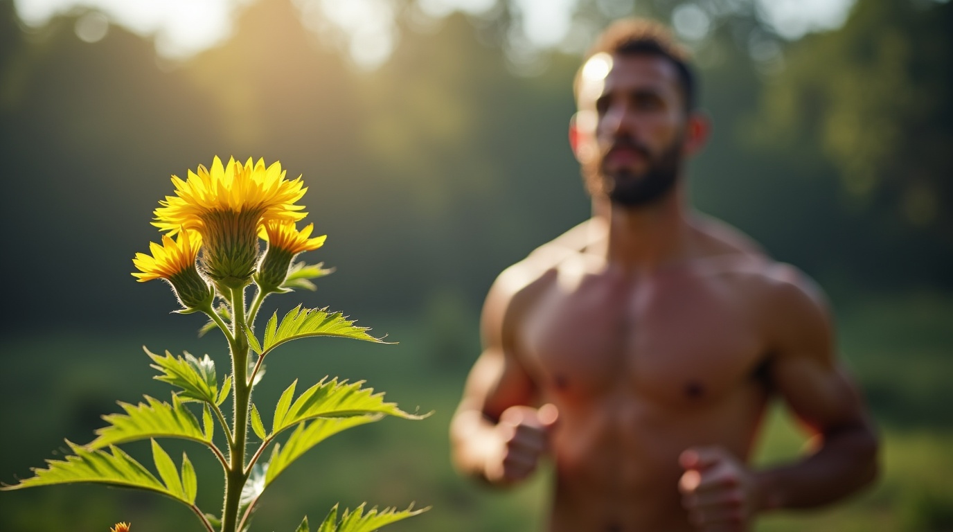 Plante de tribulus terrestre en contexte sportif avec athlète en entraînement